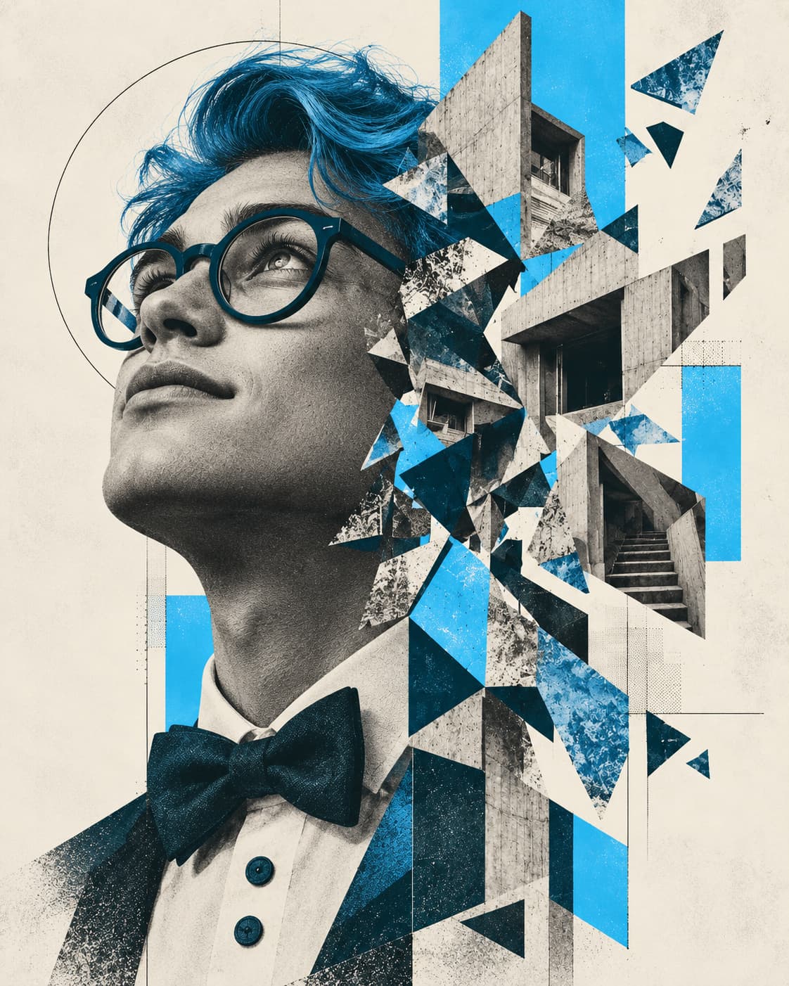 Retrato editorial con gafas y moño, cabello azul, que se fragmenta en bloques geométricos sobre fondo papel